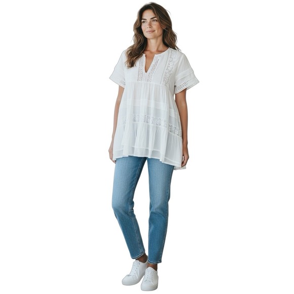 Maeve Tops - Maeve Anthropologie White Lace Boho Peasant Tunic Blouse M Crochet Tiered‎